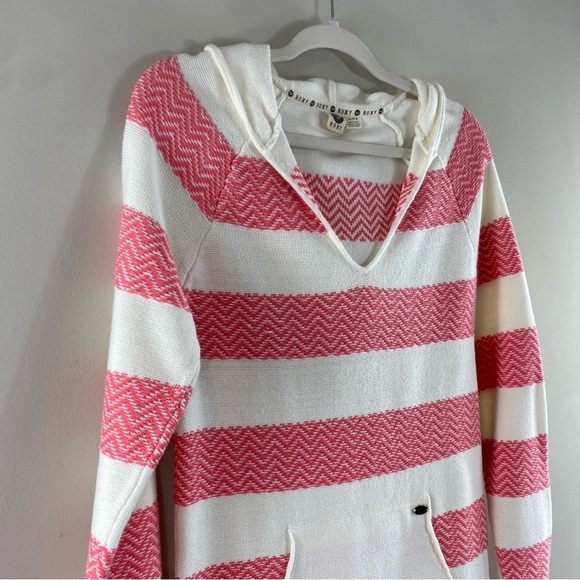 Roxy Women’s Pink Cream Ribbed V Neck Relaxed Fit Hooded Sweater Sz M - Picture 3 of 13